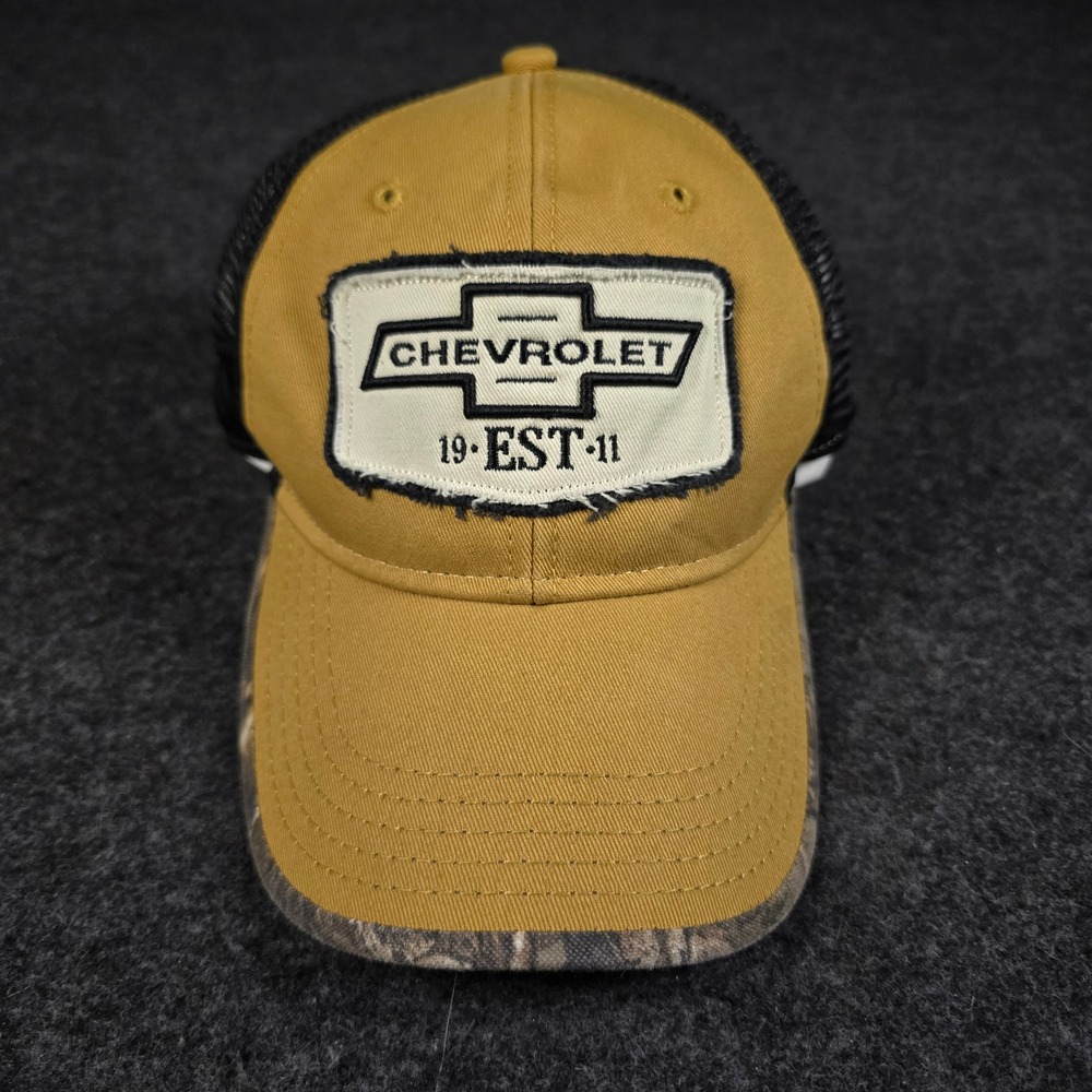 Chevrolet Trucker Hat Mustard Yellow Realtree Camo Mesh Distressed Snapback Cap